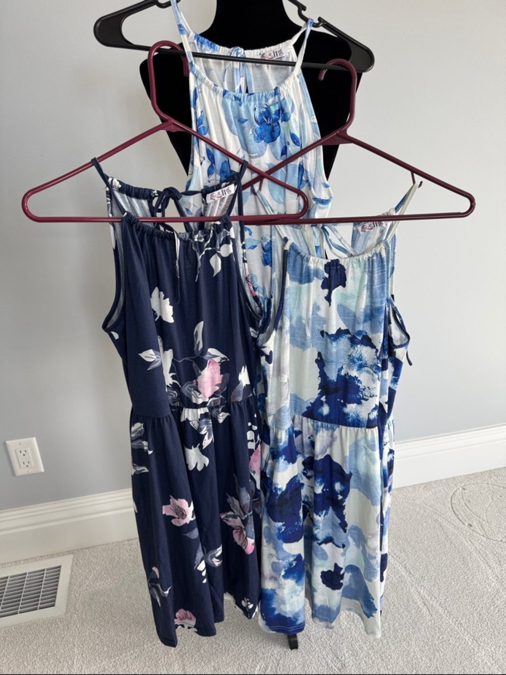 Three Blue & White floral sun beach dresses. All have pockets!